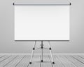 Whiteboard for markers on wooden floor. Presentation, Empty Projection screen. Office board background frame