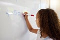 Whiteboard, math and girl writing for learning, studying and education in classroom. Development, mathematics and kid or Royalty Free Stock Photo