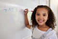 Whiteboard, math and portrait of girl learning, studying and education in classroom. Development, mathematics and face Royalty Free Stock Photo