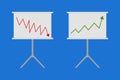 Whiteboards with graphs showing growth and decline