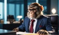 A whitecollar worker monkey in glasses and a tie sits at a desk