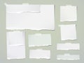 Whitel ripped blank, lined note, notebook paper strips for text or message stuck with sticky tape on green background