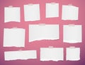 Whitel ripped blank note, notebook paper strips for text or message stuck with sticky tape on violet background