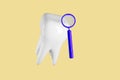 Whitening tooth and blue magnifier. Dental clinic 3d render.