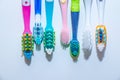 Whitening. tooth care. teeth healthy concept. New ultra soft toothbrushes in a row, Dental Industry. various types of
