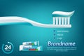 Whitening toothpaste ad poster. Vector realistic toothpaste packaging mock up with your brand on blue background with white