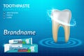 Whitening toothpaste ad poster. Vector realistic toothpaste packaging mock up with your brand on blue background with white