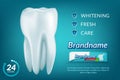 Whitening toothpaste ad poster. Vector realistic toothpaste packaging mock up with your brand on blue background with white