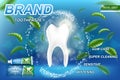 Whitening toothpaste ads, mint leaves background. Tooth model and product package design for dental care poster or