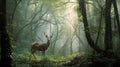 Whitetail Deer Buck in a Foggy Forest in Springtime