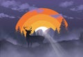 A whitetail deer is seen watching a setting sun with concentric circles of color are seen behind a forest