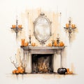 Whitewall Fireplace Decorated For Halloween With Candles And Pumpkins
