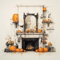 Whitewall Fireplace Decorated For Halloween With Stereo And Mantle