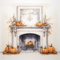 Whitewall Fireplace Decorated With Pumpkins And Candles For Halloween