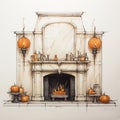 Whitewall Fireplace With Halloween Decor - Interior Design Sketch