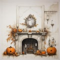 Whitewall Fireplace Mural: Halloween Interior Design Sketch