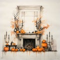 Whitewall Fireplace Mural: Halloween Interior Design Sketch