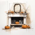 Whitewall Window Seat And Mantle: Halloween Interior Design Sketch