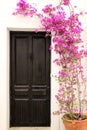 Whitewashed facade with old wooden door and bougainvillea in Altea Royalty Free Stock Photo