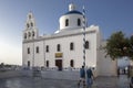 Whitewashed houses and blue dome church by the Aegean sea, Santoriniin Oia, Santorini, Greece. Famous blue domes in Oia village,