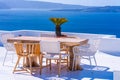 Whitewashed tarrace with view of Aegean Sea in Oia. Santorini Royalty Free Stock Photo