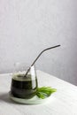 Whitgrass in a glass. Wheatgrass juice. healthy eating trend