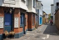 Whitstable view, old town, charming shops, cafes in traditional buildings. Kent, England. Street view local British