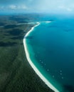 Whitsunday coastline aerial with boats and hills scenery
