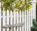 Whitw wooden fence and roses with rustic wood sign says stop and smell roses.