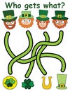 Who gets what - Patrick day themed maze game for kids vector illustration. Printable activity page for children with