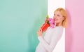 Who is her secret admirer Lady happy received flowers from secret admirer. Girl hold bouquet flowers enjoy fragrance and Royalty Free Stock Photo