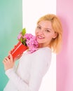 Who is her secret admirer Lady happy received flowers from secret admirer. Woman smiling dreamy try guess who fall in