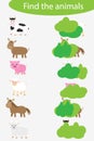 Who are hidding, matching game with farm animals for children, fun education game for kids, educational task for the development Royalty Free Stock Photo