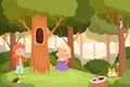 Who live in hollow. Kids puzzle game, quiz question location for baby. Find right animal, children in forest vector