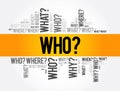 WHO? - Questions whose answers are considered basic in information gathering or problem solving, word cloud background Royalty Free Stock Photo