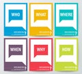 WHO WHAT WHERE WHEN WHY HOW, 5W1H or WH Questions poster. colorful speech bubbles graphic background. Royalty Free Stock Photo