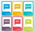 WHO WHAT WHERE WHEN WHY HOW, 5W1H or WH Questions poster. colorful speech bubbles graphic background.