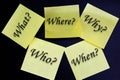 Who, why, what, when and where written on yellow sticky notes on black background . The five Ws. Business and education concept Royalty Free Stock Photo