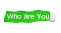 Who are you question written under the curled piece of Green torn paper Royalty Free Stock Photo