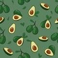 Whole avocado with leaf and half an avocado, seamless pattern in vector