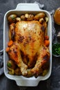 Whole baked chicken. closeup. Grey background. Chicken with potatoes, garlic and carrots. Top view