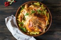 Whole baked chicken with mushrooms and potatoes close-up in a baking dish on a table. horizontal top view from above. Baked turkey Royalty Free Stock Photo