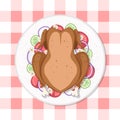 Whole baked chicken with salad healthy diet meal on plate. Vector illustration. Simple flat stock image. Duck on table healthy