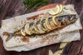 Whole baked mackerel or scomber fish with lemon on paper