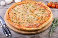 Whole baked pizza on a board Royalty Free Stock Photo