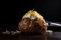 Whole Baked Potato, Potato Skin Closeup, Delicious Rustic Dinner, Whole Roasted Potato on Black