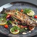 Whole Baked Rainbow Trout, Fried Trout Fish on a Vegetable Pillow with Creamy Caviar Sauce Royalty Free Stock Photo