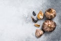 Whole balsamic fermented black garlic. White background. Top view. Copy space