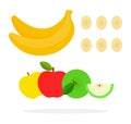 Whole banana with banana slices, red, green, yellow apples Royalty Free Stock Photo