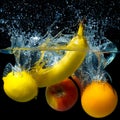 Whole banana, orange, lemon and apple in water on a black background. Fresh fruit with water spray